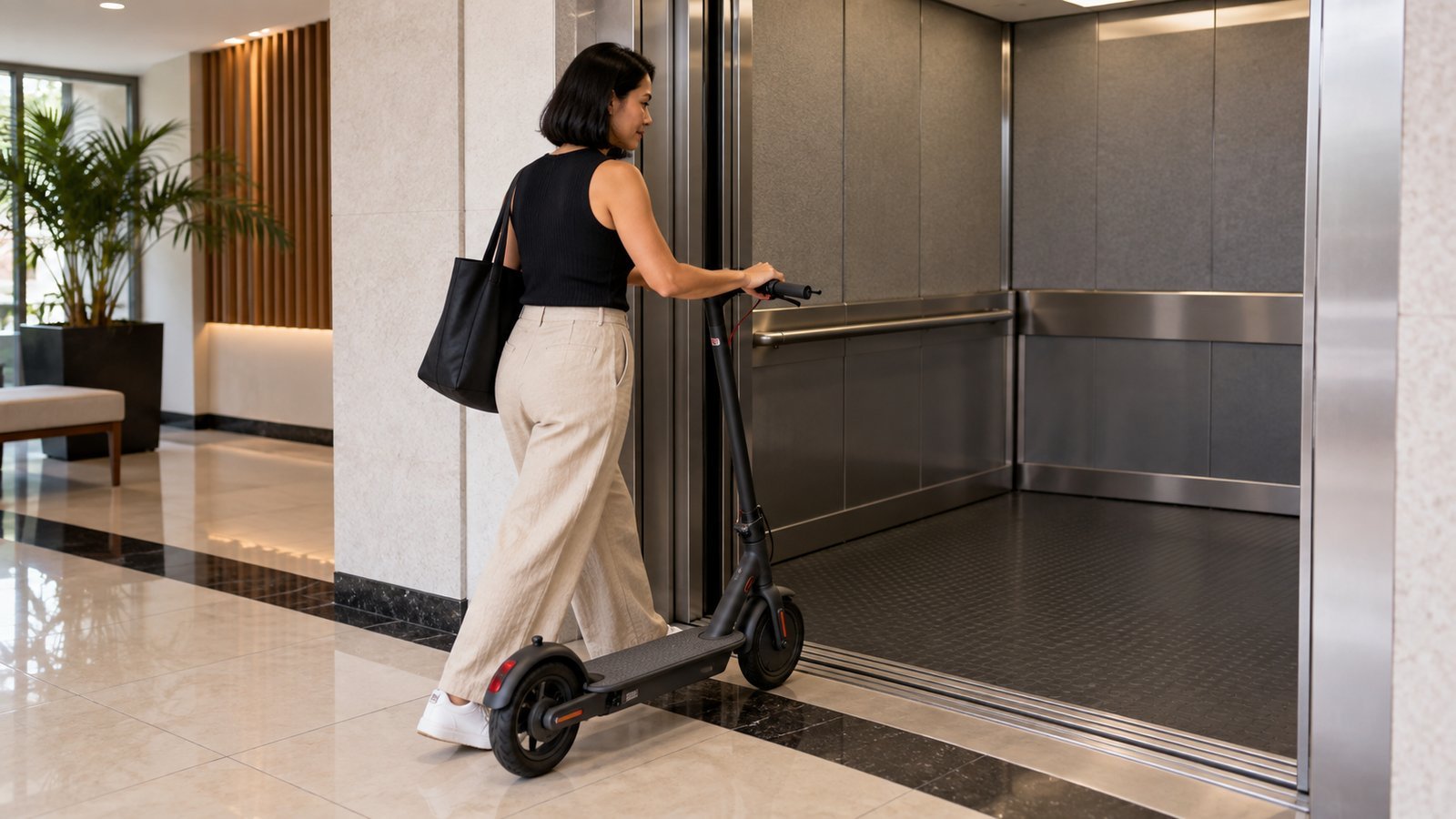 Mulher levando patinete elétrico para o elevador de serviço do prédio