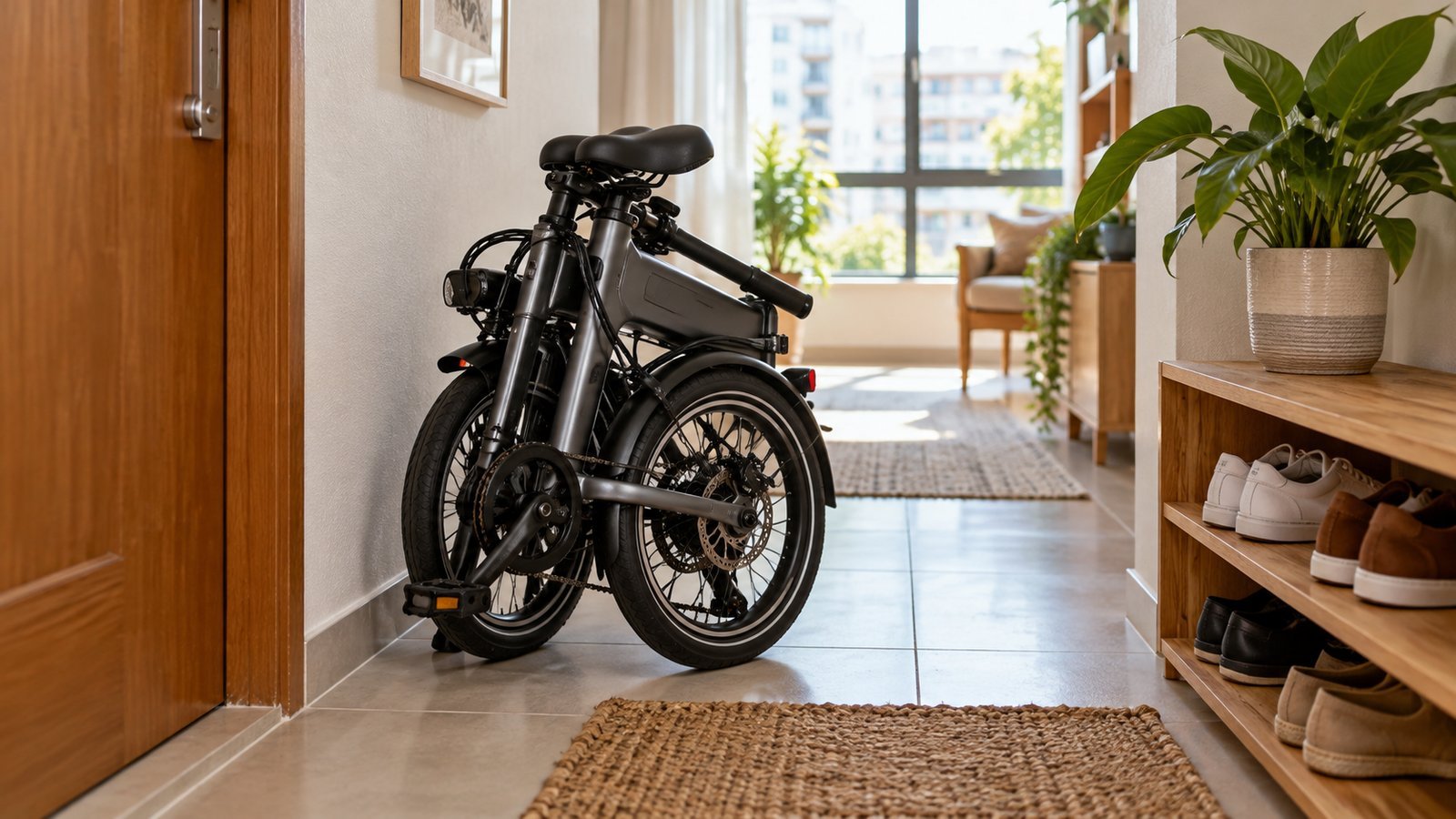 Bicicleta elétrica dobrável guardada no corredor de um apartamento