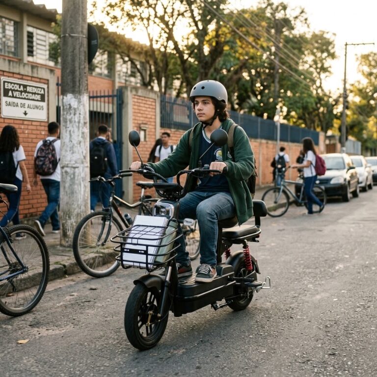 Estudante de capacete pilotando bicicleta elétrica estilo scooter preta, com cesto e dois assentos, na saída da escola