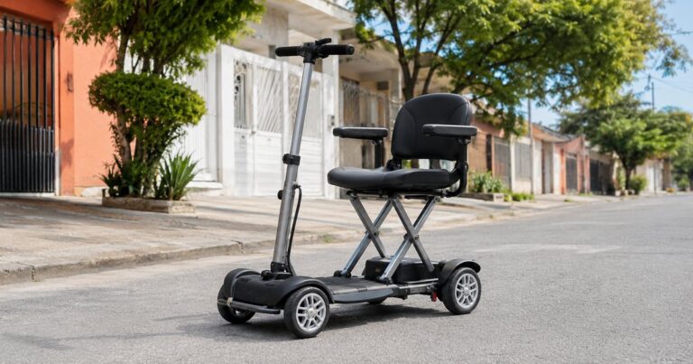 Scooter de mobilidade de quatro rodas com assento acolchoado parada numa rua residencial