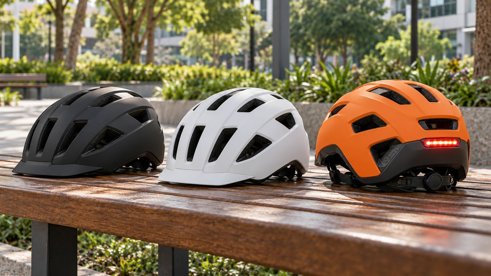 Três capacetes urbanos de bicicleta em preto, branco e laranja sobre banco de madeira