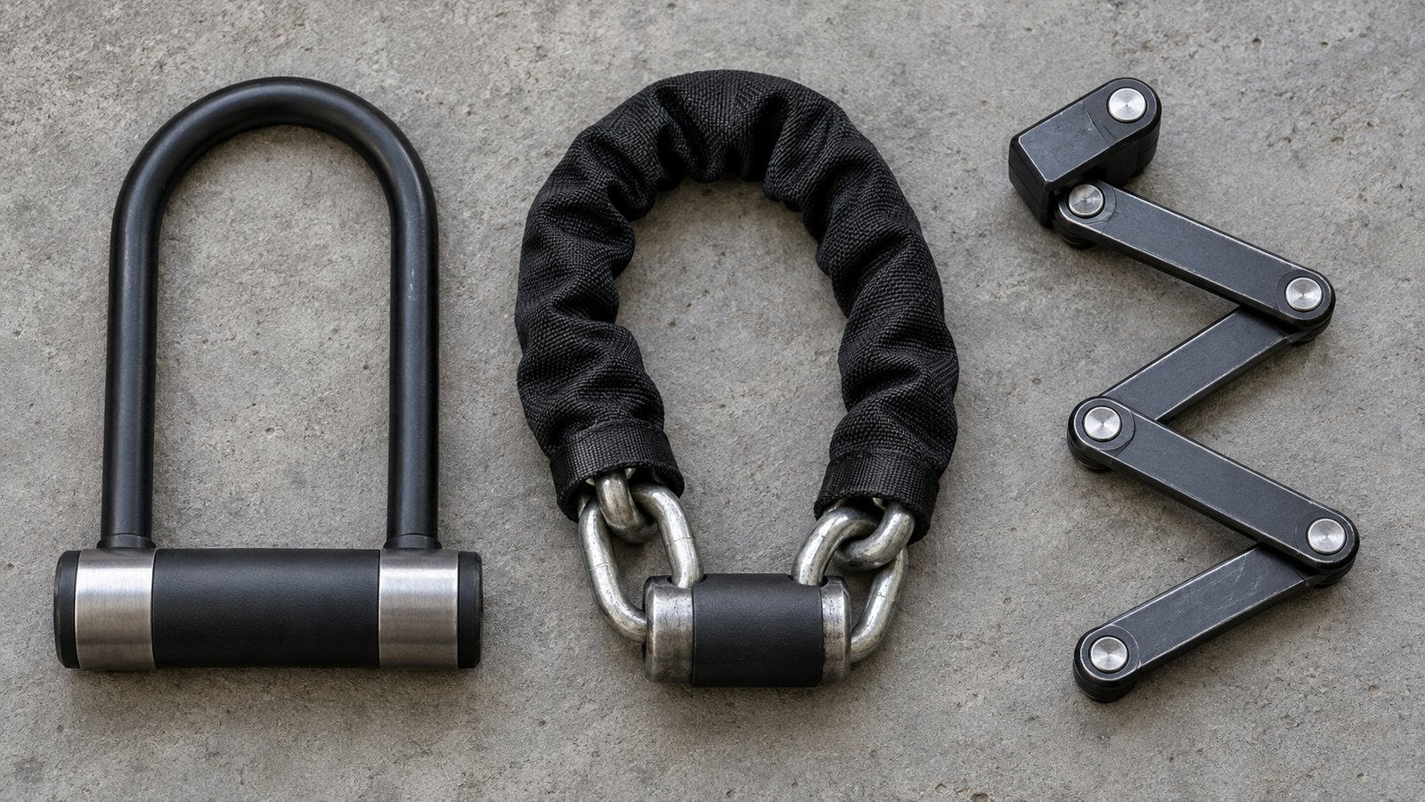 Trava U-lock, corrente com capa e trava dobrável lado a lado