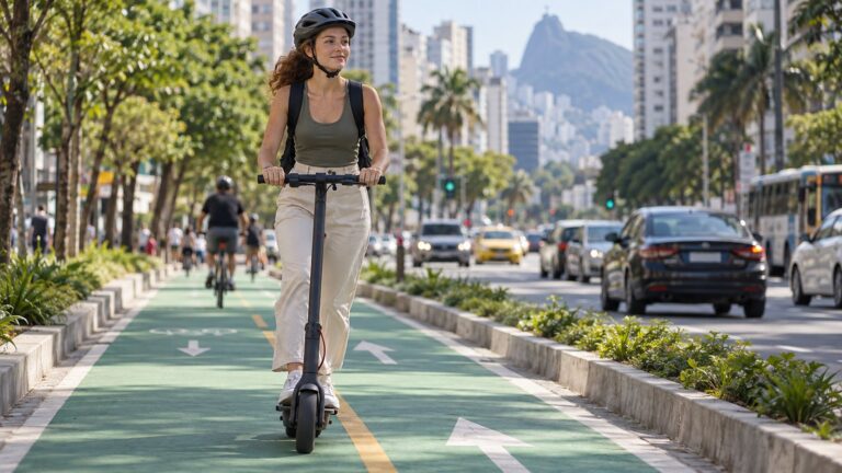 Mulher em patinete elétrico adulto numa ciclovia separada dos carros