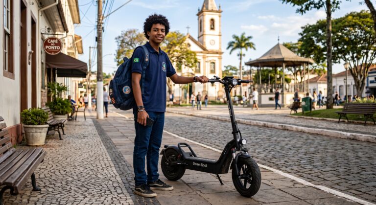 adolescente negro vestindo fardamento escolar com mochila nas costas, segurando o guidão do patinete na calçada