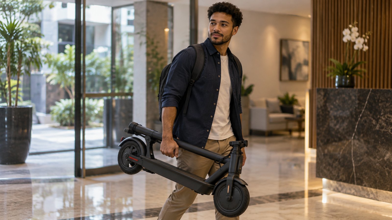 Homem carregando patinete elétrico dobrado para dentro do prédio