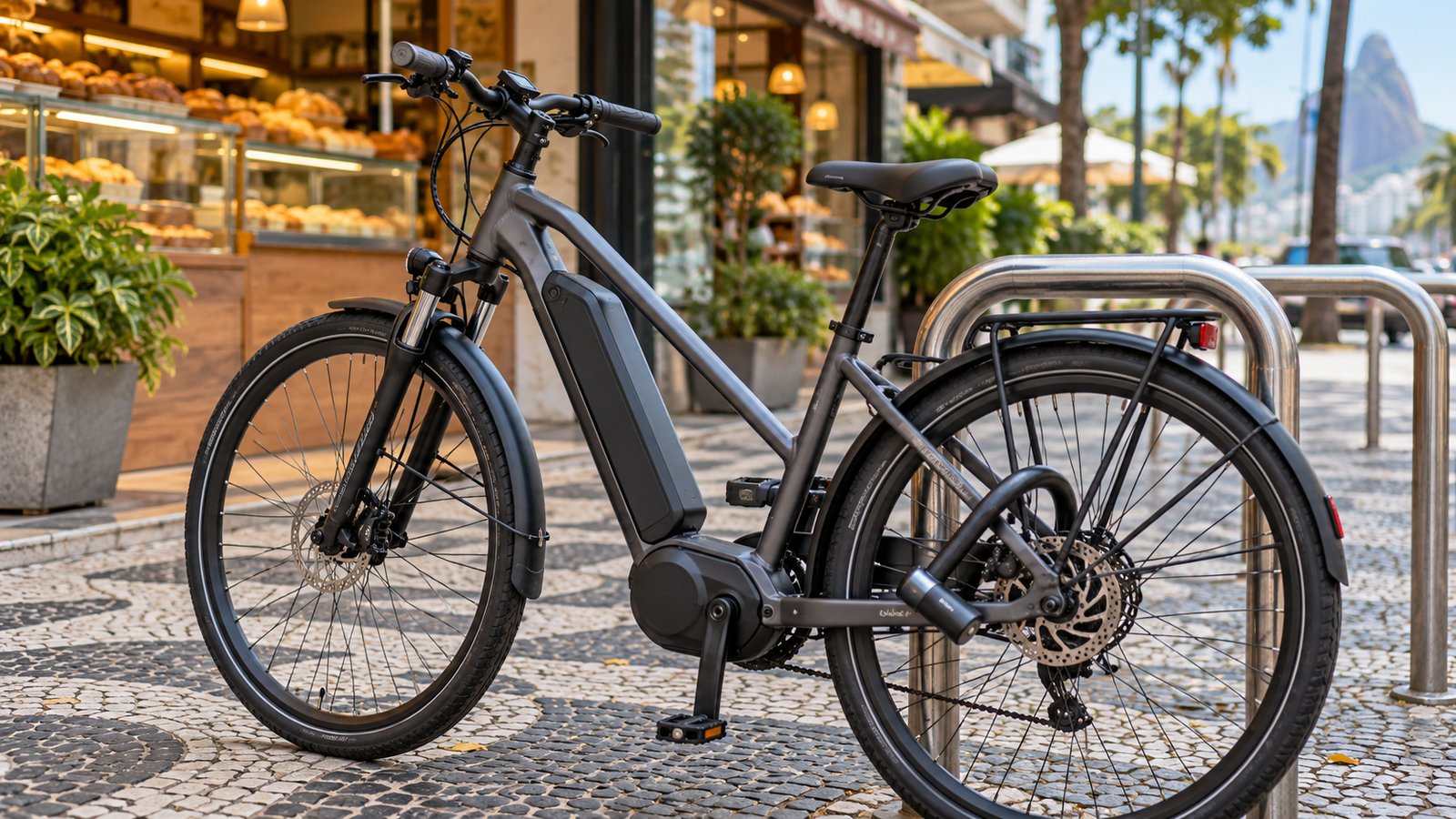 Bicicleta elétrica presa com trava U-lock em paraciclo de calçada