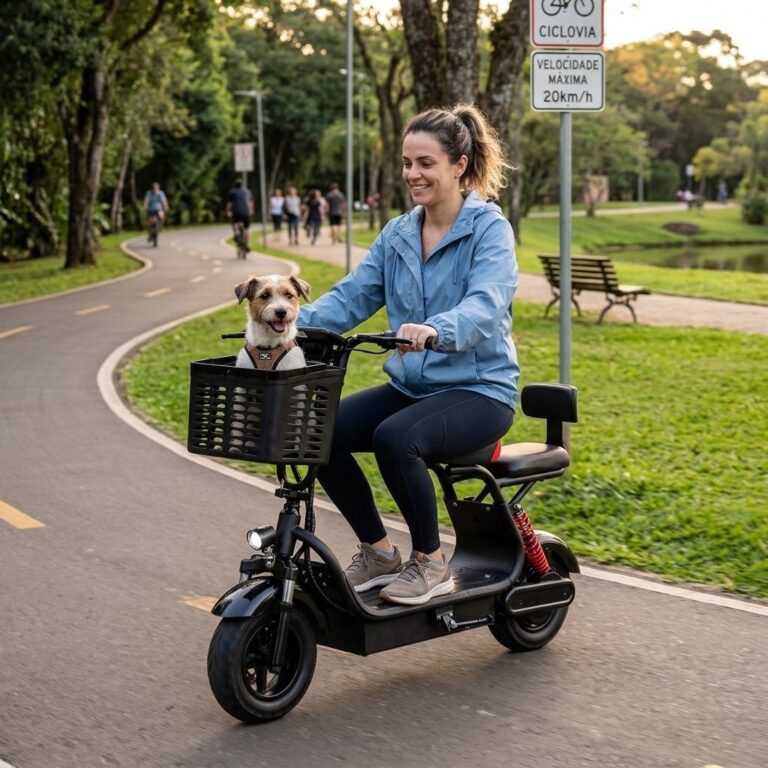 Mulher pilotando scooter elétrica com banco, garupa e cesta numa ciclovia de parque