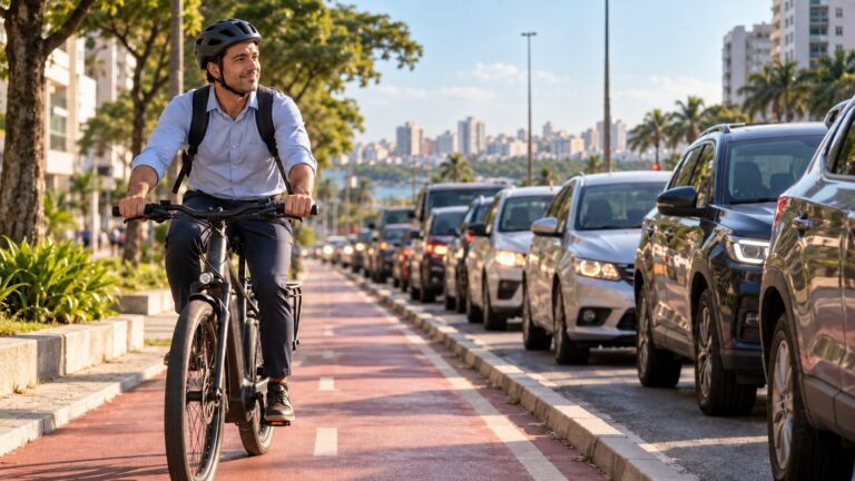Homem de bicicleta elétrica na ciclofaixa passando por fila de carros parados no trânsito