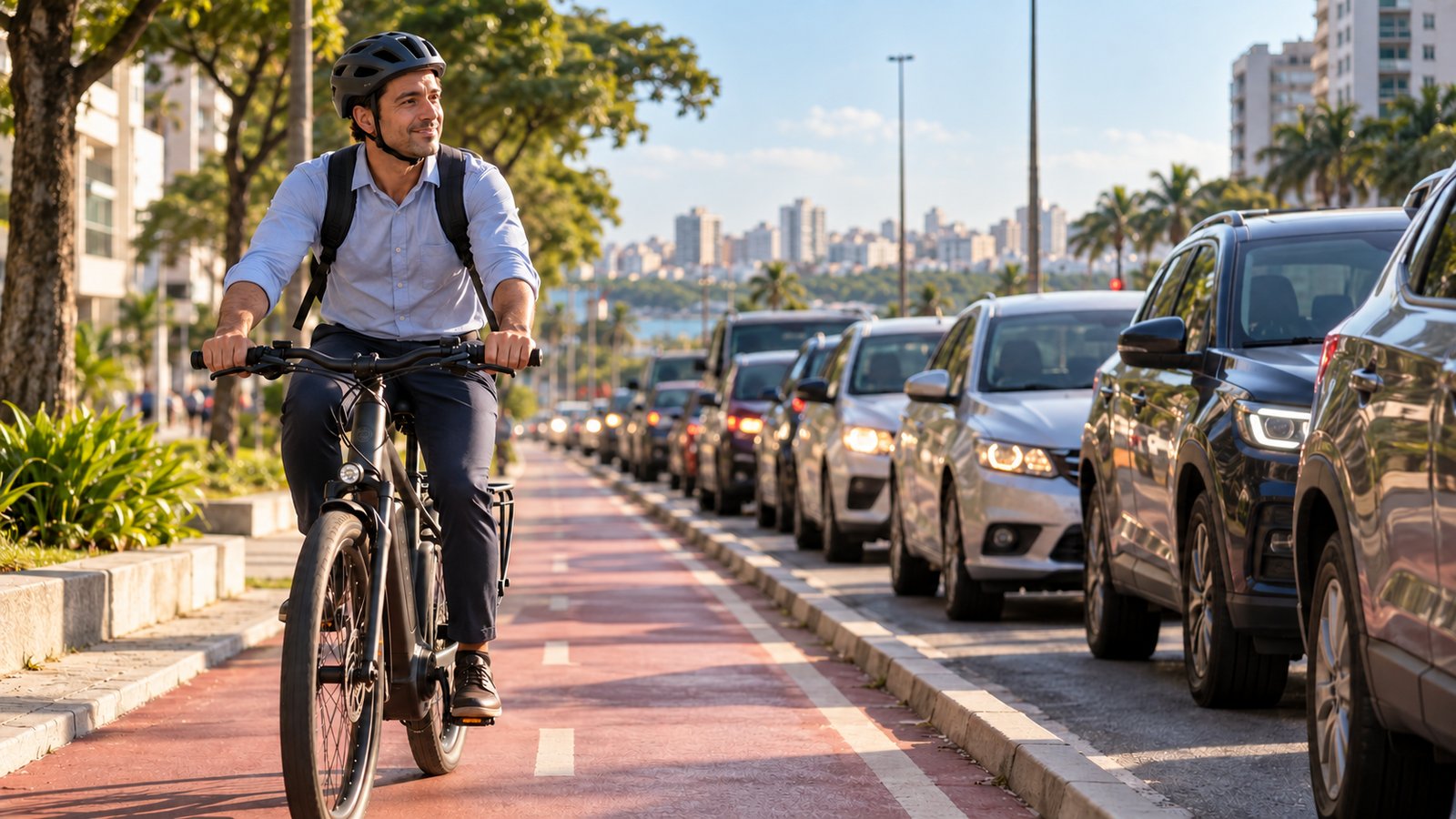 Homem de bicicleta elétrica na ciclofaixa passando por fila de carros parados no trânsito