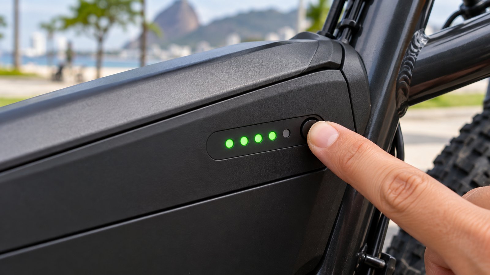 Indicador de carga com luzes verdes numa bateria de bicicleta elétrica